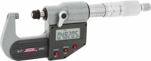 SPI - 0 to 1" Range, 0.00005" Resolution, Standard Throat IP65 Electronic Outside Micrometer - 0.0001" Accuracy, Ratchet Stop Thimble, Carbide-Tipped Face, LR44 Battery, Includes NIST Traceable Certification of Inspection - Top Tool & Supply