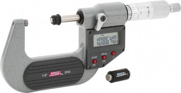 SPI - 1 to 2" Range, 0.00005" Resolution, Standard Throat IP65 Electronic Outside Micrometer - 0.0001" Accuracy, Ratchet Stop Thimble, Carbide-Tipped Face, LR44 Battery, Includes NIST Traceable Certification of Inspection - Top Tool & Supply