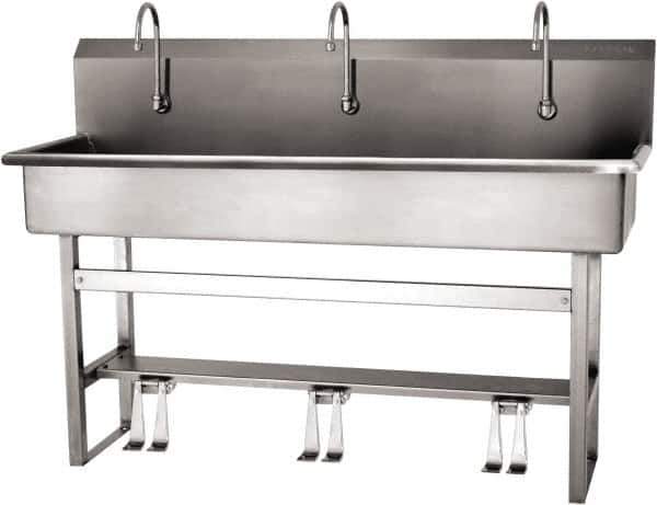 SANI-LAV - 57" Long x 16-1/2" Wide Inside, 1 Compartment, Grade 304 Stainless Steel (4) Person Wash-Station with Double Foot Valves - 16 Gauge, 60" Long x 20" Wide x 45" High Outside, 8" Deep - Top Tool & Supply