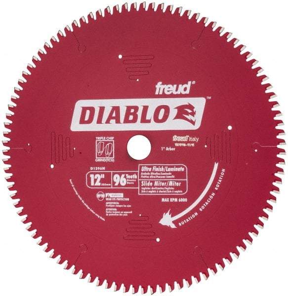 Freud - 12" Diam, 1" Arbor Hole Diam, 96 Tooth Wet & Dry Cut Saw Blade - Carbide-Tipped, Standard Round Arbor - Top Tool & Supply