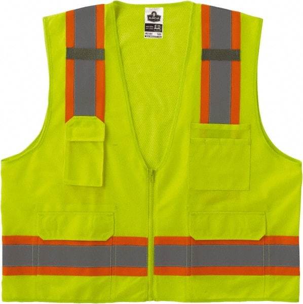 Ergodyne - Size L/XL High Visibility Lime Mesh/Solid Surveyor's Vest - 44 to 52" Chest, ANSI/ISEA 107, Zipper Closure, 6 Pockets, Polyester - Top Tool & Supply