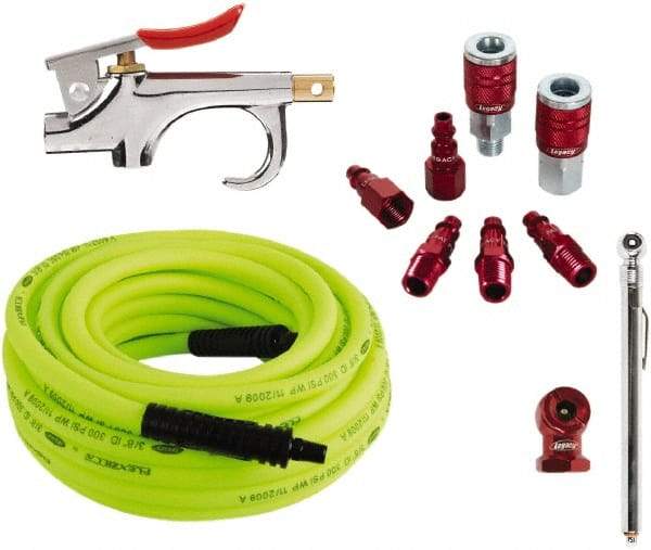 Legacy - 11 Piece Blow Gun & Hose Compressor Accessory Kit - 50' Hose, 3/8" Hose ID, 1/4" Fitting - Top Tool & Supply