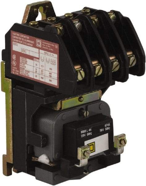 Square D - No Enclosure, 4 Pole, Electrically Held Lighting Contactor - 20 A (Tungsten), 30 A (Fluorescent), 110 VAC at 50 Hz, 120 VAC at 60 Hz, 4NO Contact Configuration - Top Tool & Supply