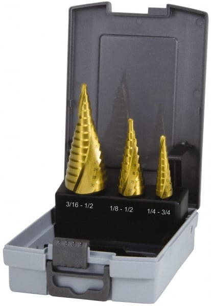 Drill Bit Set: Step Drill Bits, 3 Pc, 118 °, High Speed Steel TiN, Split-Point