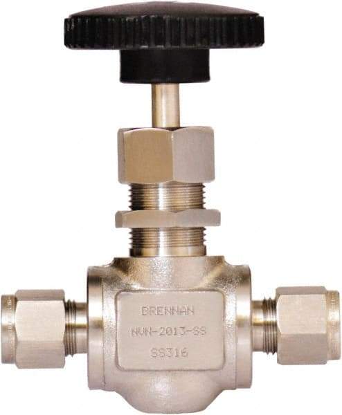 Brennan - 3/8" Pipe, Straight Needle Valve - PTFE Seal, Tube Ends, Stainless Steel Valve, 6,000 Max psi - Top Tool & Supply