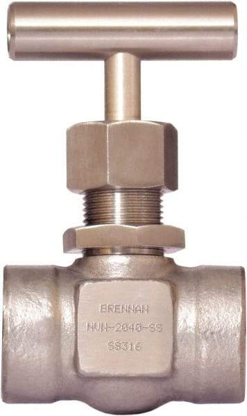 Brennan - 3/8" Pipe, Straight Needle Valve - PTFE Seal, NPT Ends, Stainless Steel Valve, 6,000 Max psi - Top Tool & Supply