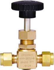 Brennan - 1/4" Pipe, Straight Needle Valve - PTFE Seal, Tube Ends, Brass Valve, 3,000 Max psi - Top Tool & Supply