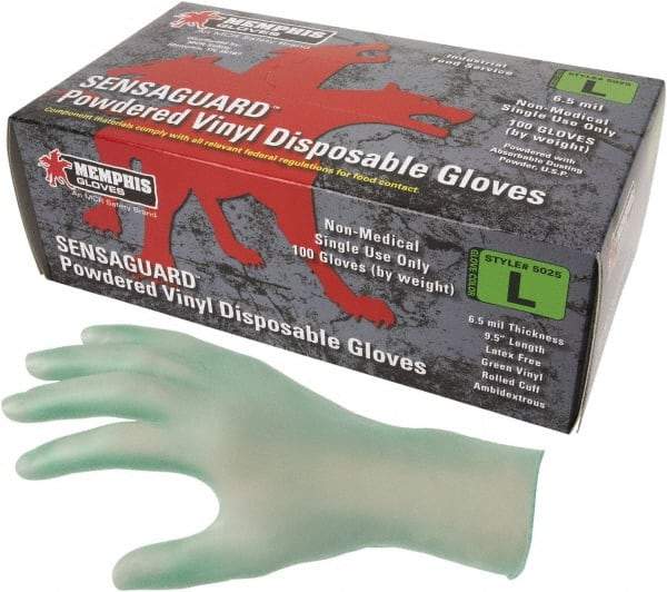 MCR Safety - Size XL, 6-1/2 mil, Industrial Grade, Powdered Vinyl Disposable Gloves - 9-1/2" Long, Green, Smooth Rolled Cuffs, FDA Approved, Ambidextrous - Top Tool & Supply