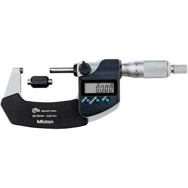 Mitutoyo - Standard Throat IP65 Electronic Outside Micrometer - Ratchet Stop Thimble, Carbide-Tipped Face, SR44 Battery - Top Tool & Supply