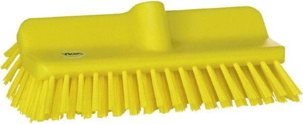 Vikan - 1-1/2" Bristle Length, Polyester Cleaning & Finishing Brush - 9-5/8" Long x 5" Wide Head, 10" OAL, European Threaded Handle, Yellow, Polypropylene Block - Top Tool & Supply