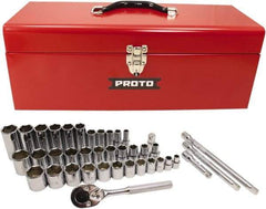 Proto - 39 Piece 3/8" & 1/2" Drive Chrome Finish Deep Well Socket Set - 6 Points, 5/16" to 1" Range, Inch Measurement Standard - Top Tool & Supply