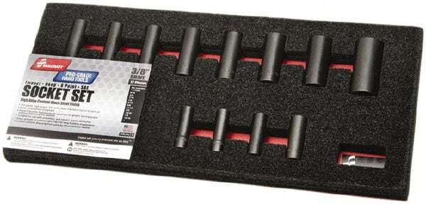 Ability One - 12 Piece 3/8" Drive Deep Well Impact Socket Set - 6 Points, 5/16" to 1" Range, Inch Measurement Standard - Top Tool & Supply