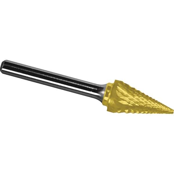 Made in USA - 5/8" Cut Diam, 1/4" Shank Diam, Cone Head Diamond Cut Burr - Carbide, 1" LOC, 2-3/4" OAL - Top Tool & Supply