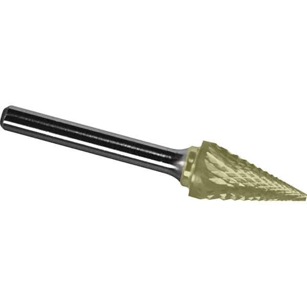 Made in USA - 5/8" Cut Diam, 1/4" Shank Diam, Cone Head Diamond Cut Burr - Carbide, 1" LOC, 2-3/4" OAL - Top Tool & Supply