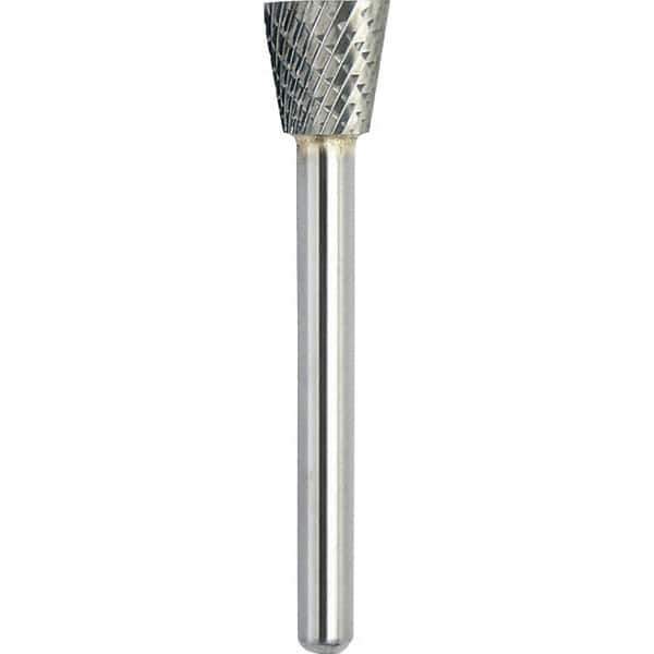 Made in USA - 6.3mm Cut Diam, 0.1181" Shank Diam, Inverted Cone Head Double Cut Burr - Carbide, 6mm LOC, 44mm OAL - Top Tool & Supply