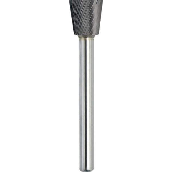 Made in USA - 1/2" Cut Diam, 1/4" Shank Diam, Inverted Cone Head Single Cut Burr - Carbide, 1/2" LOC, 2-1/4" OAL - Top Tool & Supply