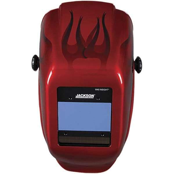 Jackson Safety - 2.36" Window Width x 3.93" Window Height, 9 to 13 Shade Auto-Darkening Lens, Fixed Front Welding Helmet - Red Flames Design, Thermoplastic Green Lens - Top Tool & Supply