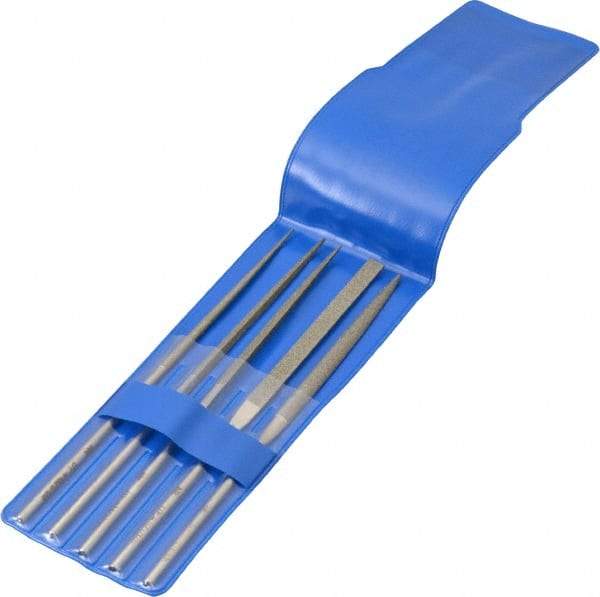 PFERD - 5 Piece Diamond Pattern File Set - 5-1/2" Long, Medium Coarseness, Set Includes Half Round, Hand, Round, Square, Three Square - Top Tool & Supply