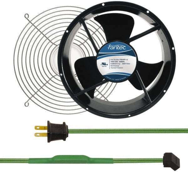 Made in USA - 115 Volts, AC, 600 CFM, Round Tube Axial Fan Kit - 0.22/0.24 Amp Rating, Includes Fan, Fan Guard, 254mm High x 254mm Wide x 89mm Deep, Thermostatically Controlled Fan Cord - Top Tool & Supply