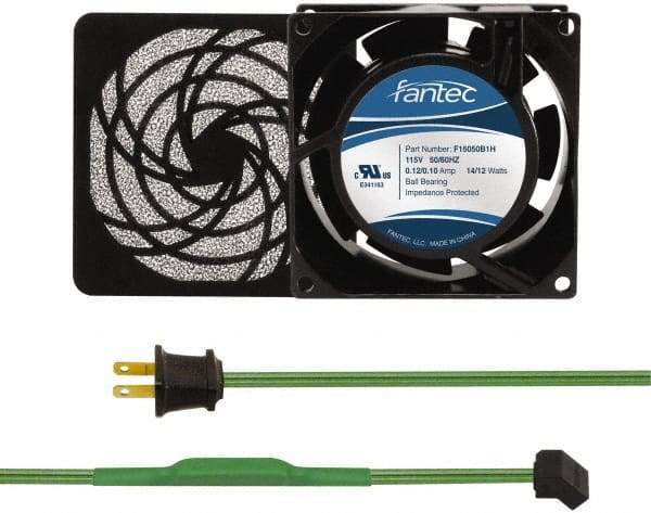 Made in USA - 115 Volts, AC, 31 CFM, Square Tube Axial Fan Kit - 0.18 Amp Rating, 3.15" High x 3" Wide x 38.5mm Deep, Includes Fan, Fan Filter, Thermostatically Controlled Fan Cord - Top Tool & Supply