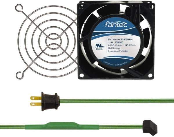 Made in USA - 115 Volts, AC, 31 CFM, Square Tube Axial Fan Kit - 0.18 Amp Rating, 3.15" High x 3" Wide x 38.5mm Deep, Includes Fan, Fan Guard, Thermostatically Controlled Fan Cord - Top Tool & Supply