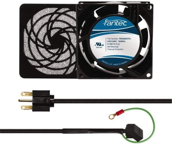 Made in USA - 230 Volts, AC, 32 CFM, Square Tube Axial Fan Kit - 0.06/0.05 Amp Rating, 3.15" High x 3" Wide x 38.5mm Deep, Includes Fan, Fan Guard, Fan Cord - Top Tool & Supply