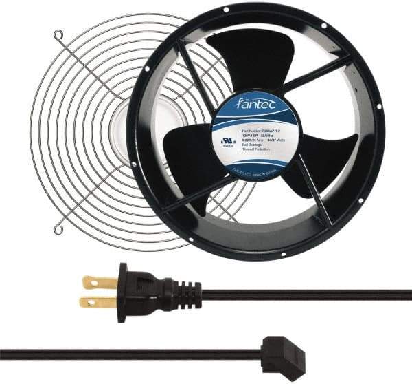 Made in USA - 115 Volts, AC, 600 CFM, Round Tube Axial Fan Kit - 0.22/0.24 Amp Rating, 254mm High x 254mm Wide x 89mm Deep, Includes Fan, Fan Guard, Fan Cord - Top Tool & Supply