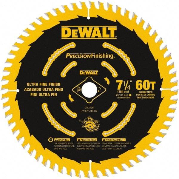 DeWALT - 7-1/4" Diam, 5/8" Arbor Hole Diam, 60 Tooth Wet & Dry Cut Saw Blade - Carbide-Tipped, Diamond Arbor - Top Tool & Supply