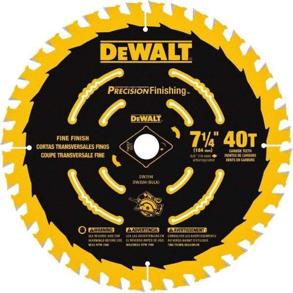 DeWALT - 7-1/4" Diam, 5/8" Arbor Hole Diam, 40 Tooth Wet & Dry Cut Saw Blade - Carbide-Tipped, Diamond Arbor - Top Tool & Supply