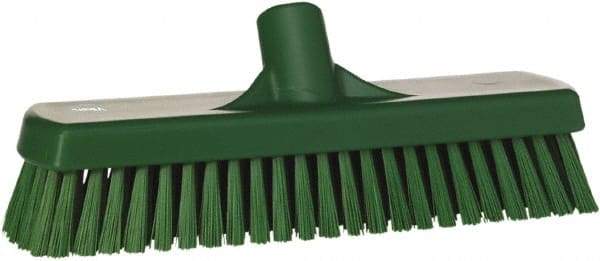 Vikan - 1.7" Bristle Length, Polyester Scrub Brush - 11-1/4" Long x 3" Wide Head, 12" OAL, European Threaded Handle, Green, Polypropylene Block - Top Tool & Supply