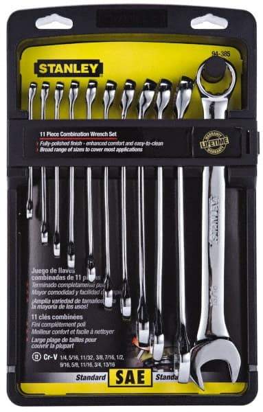 Stanley - 11 Piece, 1/4" to 13/16", 12 Point Combination Wrench Set - Inch Measurement Standard, Full Polish Finish, Comes in Plastic Case - Top Tool & Supply