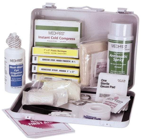 Medique - 24 Piece, 10 Person, Multipurpose/Auto/Travel First Aid Kit - 9-1/2" Wide x 2-3/4" Deep x 6-3/4" High, Metal Case - Top Tool & Supply