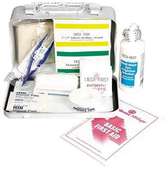 Medique - 52 Piece, 5 Person, Multipurpose/Auto/Travel First Aid Kit - 7-3/4" Wide x 2-3/4" Deep x 4-3/4" High, Metal Case - Top Tool & Supply