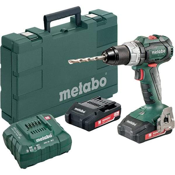 Metabo - 18 Volt 1/16 to 1/2" Keyless Chuck Cordless Hammer Drill - 31950 BPM, 600 to 2,100 RPM, Reversible, Pistol Grip Handle - Top Tool & Supply