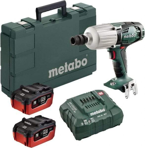 Metabo - 1/2" Drive 18 Volt Pistol Grip Cordless Impact Wrench & Ratchet - 1,600 RPM, 2,200 BPM, 450 Ft/Lb Torque, 2 Lithium-Ion Batteries Included - Top Tool & Supply