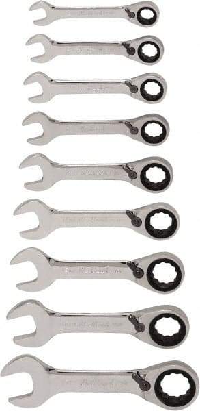 Blackhawk by Proto - 13 Piece, 6mm to 19mm, Stubby Ratcheting Combination Wrench Set - Metric Measurement Standard, Chrome Finish, Canvas Roll - Top Tool & Supply