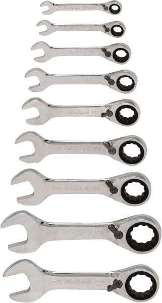 Blackhawk by Proto - 9 Piece, 1/4" to 3/4", Stubby Ratcheting Reversible Combination Wrench Set - Inch Measurement Standard, Chrome Finish, Comes in Case - Top Tool & Supply