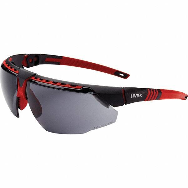 Uvex - Gray Lenses, Framed Safety Glasses - Anti-Fog, Red Frame, Adjustable Temples, Size Universal, Wrap Around - Top Tool & Supply