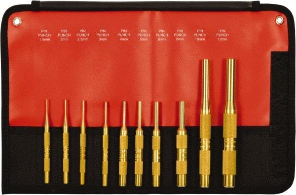 Mayhew - 10 Piece, 1.5 to 12mm, Pin Punch Set - Round Shank, Brass, Comes in Kit Bag - Top Tool & Supply