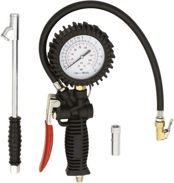 Milton - 2 to 175 psi Dial Easy-Clip Tire Pressure Gauge - 16' Hose Length, 2 psi Resolution - Top Tool & Supply