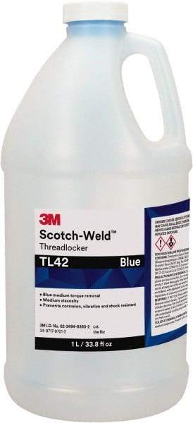 3M - 1 L, Blue, Medium Strength Liquid Threadlocker - Series TL42, 24 hr Full Cure Time - Top Tool & Supply