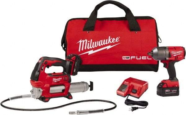 Milwaukee Tool - 1/2" Drive 18 Volt Pistol Grip Cordless Impact Wrench & Ratchet - 550/1,400/1,750 RPM, 0 to 2,100 BPM, 1,400 Ft/Lb Torque, 2 Lithium-Ion Batteries Included - Top Tool & Supply