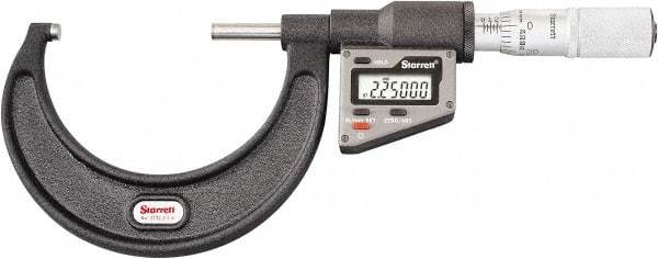 Starrett - 50.8 to 76 mm Range, 0.0001" Resolution, Standard Throat, Electronic Outside Micrometer - 0.0001" Accuracy, Friction Thimble, Micro Lapped Carbide Face, CR2450 Battery, Includes 3V Battery - Top Tool & Supply