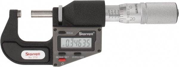 Starrett - 0 to 25 mm Range, 0.0001" Resolution, Standard Throat, Electronic Outside Micrometer - 0.0001" Accuracy, Friction Thimble, Micro Lapped Carbide Face, CR2450 Battery, Includes 3V Battery - Top Tool & Supply