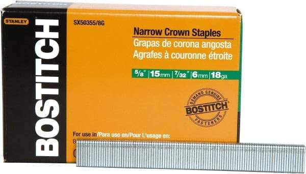 Stanley Bostitch - 5/8" Long x 7/32" Wide, 18 Gauge Narrow Crown Construction Staple - Steel, Chisel Point - Top Tool & Supply