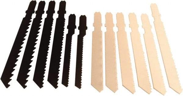 Disston - 12 Piece, 2-3/4" to 3-1/2" Long, 6 to 24 Teeth per Inch, Carbon and Bi-Metal Jig Saw Blade Set - Toothed Edge, U-Shank - Top Tool & Supply