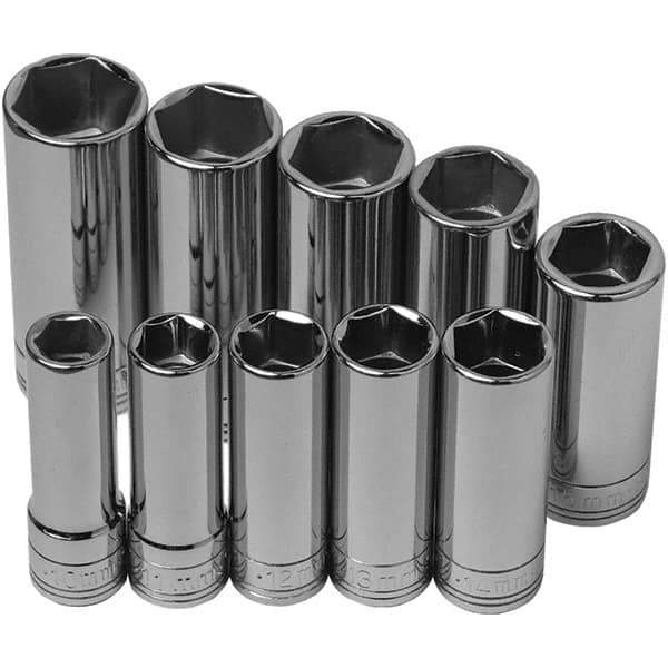 SK - 3/8" Drive Deep Socket Set - 10 to 19mm, Metric Measurement Standard - Top Tool & Supply