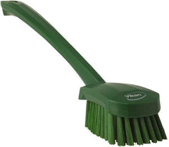 Vikan - 1.3" Bristle Length, Polyester Scrub Brush - 4" Long x 2-3/4" Wide Head, 15-3/4" OAL, Green, Polypropylene Block - Top Tool & Supply