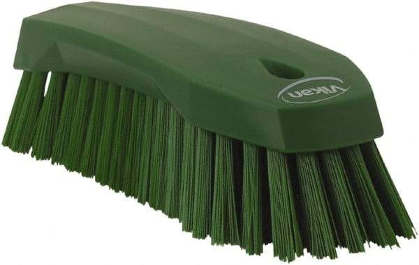 Vikan - 1.3" Bristle Length, Polyester Utility Scrub Brush - 7" Long x 3" Wide Head, 8" OAL, Green, Polypropylene Block - Top Tool & Supply