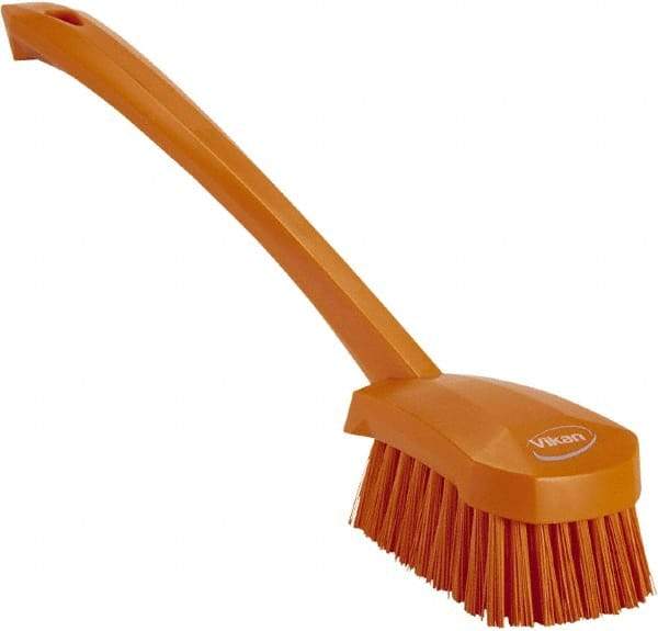 Vikan - 1.3" Bristle Length, Polyester Scrub Brush - 4" Long x 2-3/4" Wide Head, 15-3/4" OAL, Orange, Polypropylene Block - Top Tool & Supply